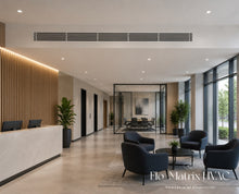 Load image into Gallery viewer, Flo-Matrix 0-degree linear bar grille air vent installed in a modern commercial office, featuring ductwork access and a clean architectural finish.