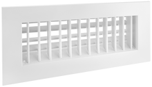 Load image into Gallery viewer, 12x4 double deflection HVAC air grille with vertical front blades, durable white aluminum vent cover (side view)