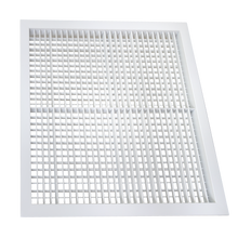 Load image into Gallery viewer, 20x20 double deflection air grille with vertical front blades, white aluminum vent cover for precise airflow control (side view)