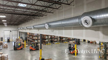 Load image into Gallery viewer, Jet nozzle diffusers installed in warehouse facility, industrial HVAC air distribution system designed for long-throw airflow, ventilation, and temperature control in large commercial spaces.