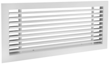 Load image into Gallery viewer, Side view of a white 16x6 inch linear bar grille HVAC vent cover in 15 degree deflection