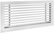 Load image into Gallery viewer, Side view of a white 18x6 inch linear bar grille HVAC vent cover in 30 degree deflection