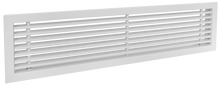 Load image into Gallery viewer, Side view of a white 22x4 inch linear bar grille HVAC vent cover in 15 degree deflection