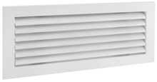 Load image into Gallery viewer, Side view of a white 12x4 inch linear bar grille HVAC vent cover with a removable core in 30 degree deflection