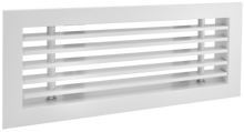 Load image into Gallery viewer, Side view of a white 16x4 inch linear bar grille HVAC vent cover with a removable core in 0 degree deflection