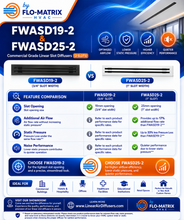 Load image into Gallery viewer, Commercial HVAC 2-slot linear slot diffuser comparison between FWASD19-2 and FWASD25-2 featuring 3/4 inch and 1 inch slot widths, airflow efficiency improvements, reduced pressure loss, noise performance benefits, showroom demonstration availability, and applications for commercial buildings, hospitality projects, healthcare facilities, and custom residential homes.