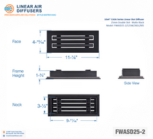 Load image into Gallery viewer, Overall dimensions of a 10x4-inch 2-slot linear slot diffuser with 25mm opening in matte black.