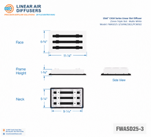 Load image into Gallery viewer, Overall dimensions of a 10x6-inch 3-slot linear slot diffuser with 25mm opening in matte white.