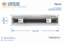 Load image into Gallery viewer, Neck dimensions of a 12-inch 1-slot linear slot diffuser with 19mm opening in anodized satin silver.