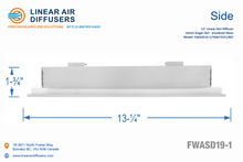 Load image into Gallery viewer, Side profile and dimensions of a 12-inch 1-slot linear slot diffuser with 19mm opening in anodized satin silver.