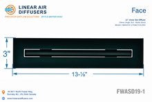 Load image into Gallery viewer, Face dimensions of a 12-inch 1-slot linear slot diffuser with 19mm opening in black.