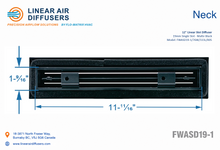 Load image into Gallery viewer, Neck dimensions of a 12-inch 1-slot linear slot diffuser with 19mm opening in black.