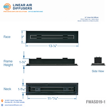 Load image into Gallery viewer, Overall dimensions of a 12-inch 1-slot linear slot diffuser with 19mm opening in black.