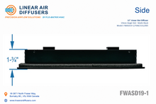 Load image into Gallery viewer, Side profile and dimensions of a 12-inch 1-slot linear slot diffuser with 19mm opening in black.