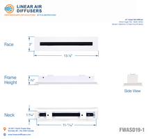Load image into Gallery viewer, Overall dimensions of a 12-inch 1-slot linear slot diffuser with 19mm opening in white.