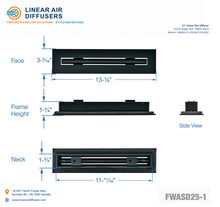 Load image into Gallery viewer, Overall dimensions of a 12-inch 1-slot linear slot diffuser with 25mm opening in matte black.