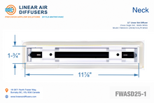 Load image into Gallery viewer, Neck dimensions of a 12-inch 1-slot linear slot diffuser with 25mm opening in matte white.