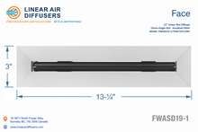 Load image into Gallery viewer, Face dimensions of a 12-inch 1-slot linear slot diffuser with 19mm opening in anodized satin silver.