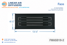 Load image into Gallery viewer, Face dimensions of a 12-inch 2-slot linear slot diffuser with 19mm opening in matte black.