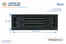 Load image into Gallery viewer, Neck dimensions of a 12-inch 2-slot linear slot diffuser with 19mm opening in matte black.