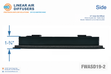 Load image into Gallery viewer, Side profile and dimensions of a 12-inch 2-slot linear slot diffuser with 19mm opening in matte black.