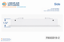 Load image into Gallery viewer, Side profile and dimensions of a 12-inch 2-slot linear slot diffuser with 19mm opening in matte white.