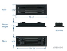 Load image into Gallery viewer, Full dimensions of a black 12-inch 2-slot linear diffuser with 19mm openings for precision airflow in commercial HVAC systems