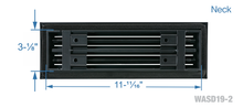 Load image into Gallery viewer, Neck dimensions of a black 12-inch 2-slot linear diffuser with 19mm openings for precision airflow in commercial HVAC systems