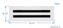 Load image into Gallery viewer, Face dimensions of a white 12 inch 2-slot linear diffuser with 19mm openings for precision airflow in commercial HVAC systems