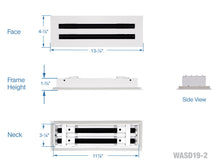 Load image into Gallery viewer, Full dimensions of a white 12 inch 2-slot linear diffuser with 19mm openings for precision airflow in commercial HVAC systems