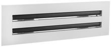 Load image into Gallery viewer, Side view of a white 12 inch 2-slot linear diffuser with 19mm openings for precision airflow in commercial HVAC systems