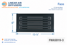 Load image into Gallery viewer, Face dimensions of a 12-inch 3-slot linear slot diffuser with 19mm opening in matte black.
