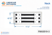 Load image into Gallery viewer, Neck dimensions of a 12-inch 3-slot linear slot diffuser with 19mm opening in matte white.