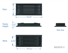 Load image into Gallery viewer, Full dimensions of a black 12 inch 3-slot linear diffuser with 19mm openings for precision airflow in commercial HVAC systems