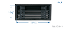 Load image into Gallery viewer, Neck dimensions of a black 12 inch 3-slot linear diffuser with 19mm openings for precision airflow in commercial HVAC systems