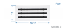 Load image into Gallery viewer, Face dimensions of a white 12 inch 3-slot linear diffuser with 19mm openings for precision airflow in commercial HVAC systems