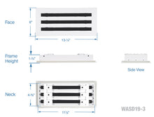 Load image into Gallery viewer, Full dimensions of a white 12 inch 3-slot linear diffuser with 19mm openings for precision airflow in commercial HVAC systems