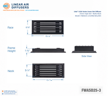 Load image into Gallery viewer, Overall dimensions of a 14x6-inch 3-slot linear slot diffuser with 25mm opening in matte black.