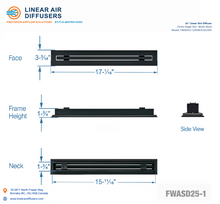 Load image into Gallery viewer, Overall dimensions of a 16-inch 1-slot linear slot diffuser with 25mm opening in matte black.