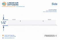 Load image into Gallery viewer, Side profile and dimensions of a 16-inch 1-slot linear slot diffuser with 25mm opening in matte white.