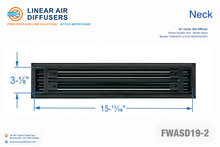 Load image into Gallery viewer, Neck dimensions of a 16-inch 2-slot linear slot diffuser with 19mm opening in matte black.