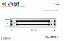 Load image into Gallery viewer, Neck dimensions of a 16-inch 2-slot linear slot diffuser with 19mm opening in matte white.