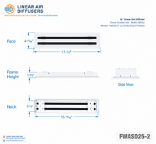 Load image into Gallery viewer, Overall dimensions of a 16-inch 2-slot linear slot diffuser with 25mm opening in matte white.