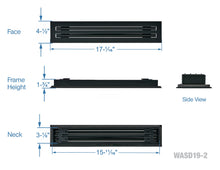 Load image into Gallery viewer, Full dimensions of a black 16-inch 2-slot linear diffuser with 19mm openings for precision airflow in commercial HVAC systems
