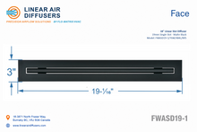 Load image into Gallery viewer, Face dimensions of a 18-inch 1-slot linear slot diffuser with 19mm opening in matte black.