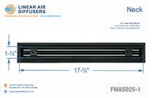 Load image into Gallery viewer, Neck dimensions of a 18-inch 1-slot linear slot diffuser with 25mm opening in matte black.
