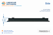 Load image into Gallery viewer, Side profile and dimensions of a 18-inch 1-slot linear slot diffuser with 25mm opening in matte black.