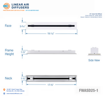 Load image into Gallery viewer, Overall dimensions of a 18-inch 1-slot linear slot diffuser with 25mm opening in matte white.