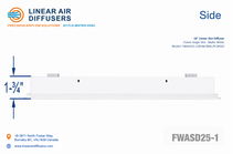 Load image into Gallery viewer, Side profile and dimensions of a 18-inch 1-slot linear slot diffuser with 25mm opening in matte white.