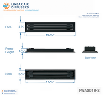 Load image into Gallery viewer, Overall dimensions of a 18-inch 2-slot linear slot diffuser with 19mm opening in matte black.